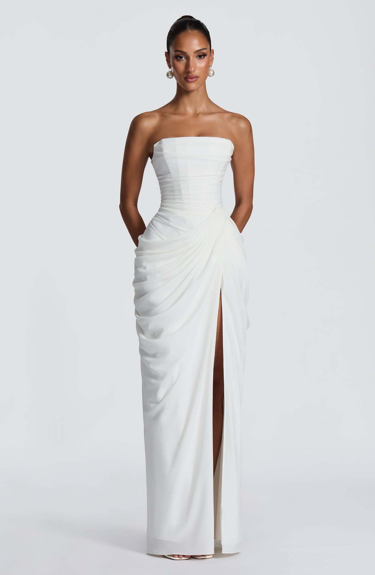 Off-shoulder ruffled slit dress