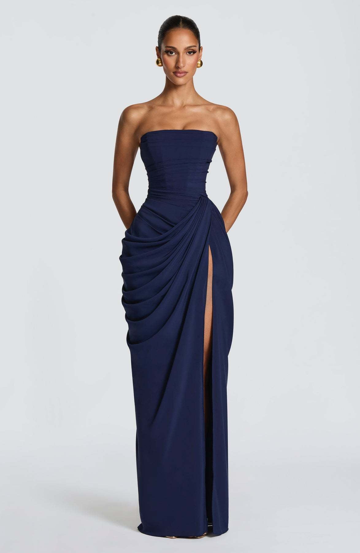Off-shoulder ruffled slit dress